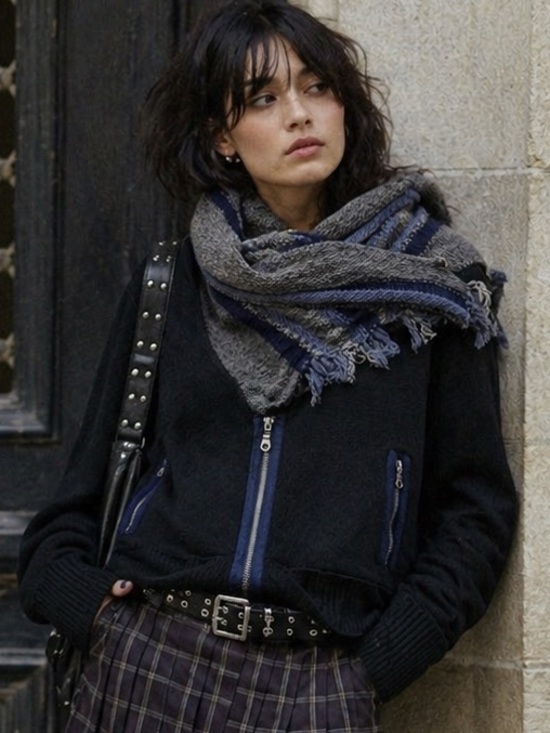 Free People Sweaters - Free People "Faux Scarf" Zip-Up Wool Sweater Jacket – Black/Gray/Blue – Size S